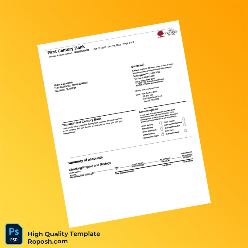 USA First Century Bank Account Statement Template in Word and PDF formats 4 page USA First Century Bank Account Statement Template in Word and PDF formats 4 page