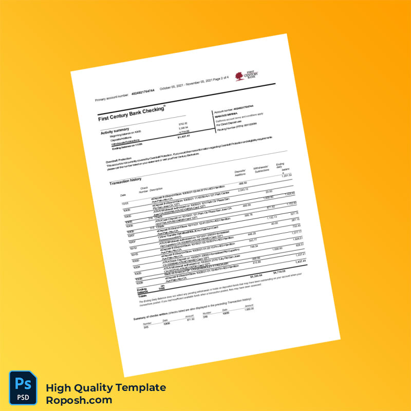 USA First Century Bank Bank Statement Template in Word and PDF formats 4 page USA First Century Bank Bank Statement Template in Word and PDF formats 4 page