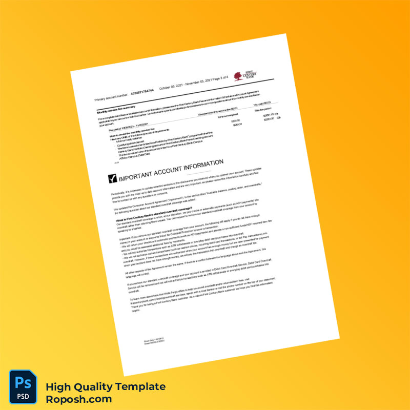 USA First Century Bank Bank Statement Template in Word and PDF formats 4 page USA First Century Bank Bank Statement Template in Word and PDF formats 4 page
