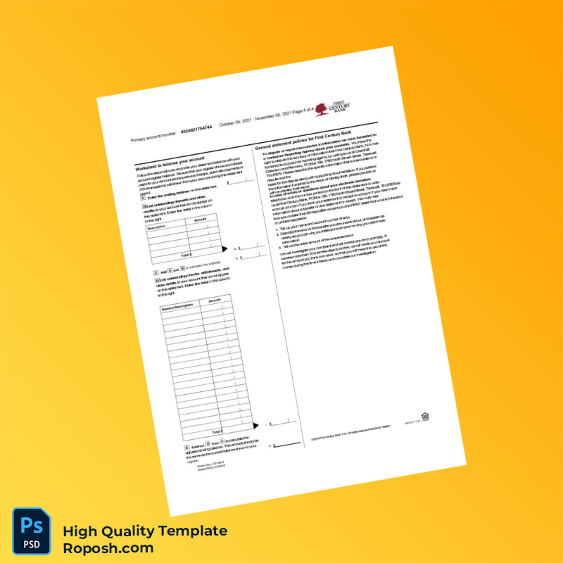 USA First Century Bank Bank Statement Template in Word and PDF formats 4 page USA First Century Bank Bank Statement Template in Word and PDF formats 4 page