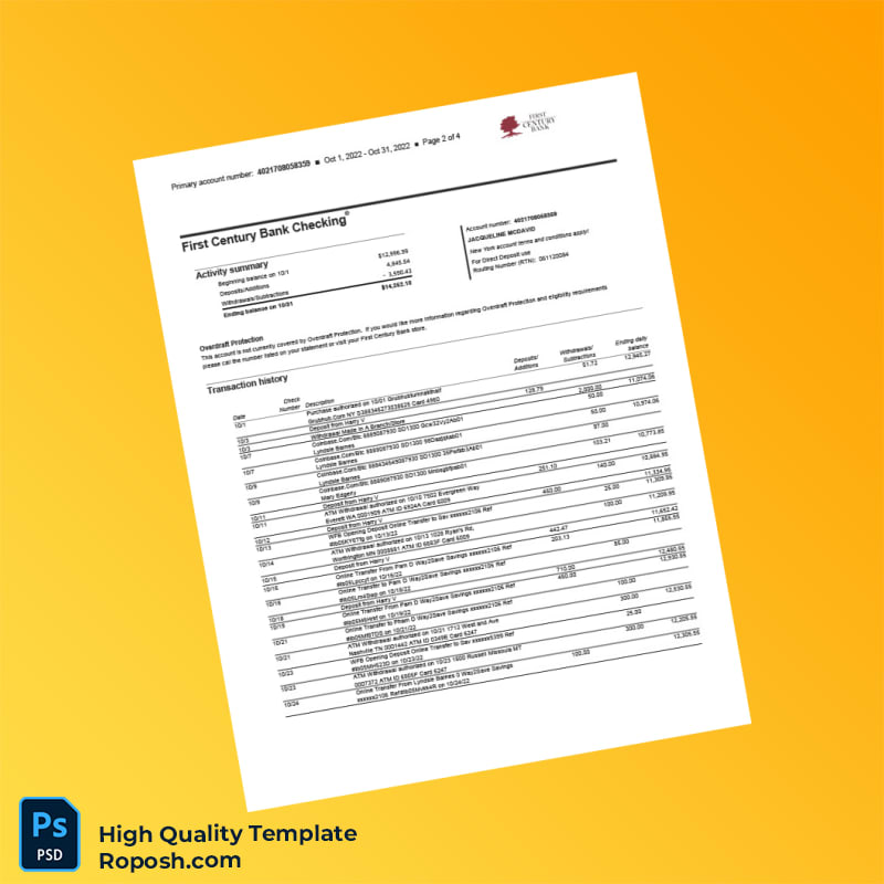 USA First Century Bank Combined Statement of Accounts Template in Word and PDF formats 4 page USA First Century Bank Combined Statement of Accounts Template in Word and PDF formats 4 page