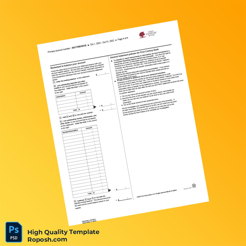 USA First Century Bank Combined Statement of Accounts Template in Word and PDF formats 4 page USA First Century Bank Combined Statement of Accounts Template in Word and PDF formats 4 page