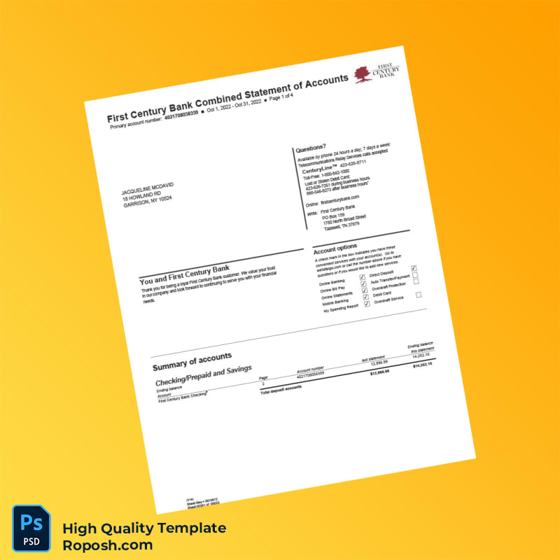 USA First Century Bank Combined Statement of Accounts Template in Word and PDF formats 4 page USA First Century Bank Combined Statement of Accounts Template in Word and PDF formats 4 page