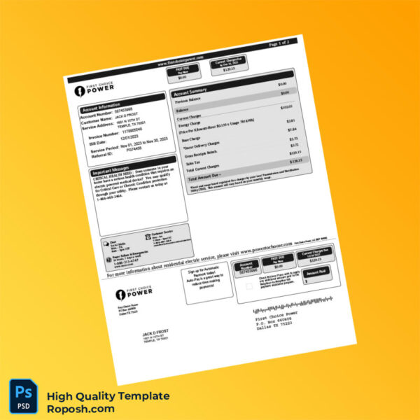 USA First Choice Power Editable Electricity Bill Template in Word and PDF formats 2 page