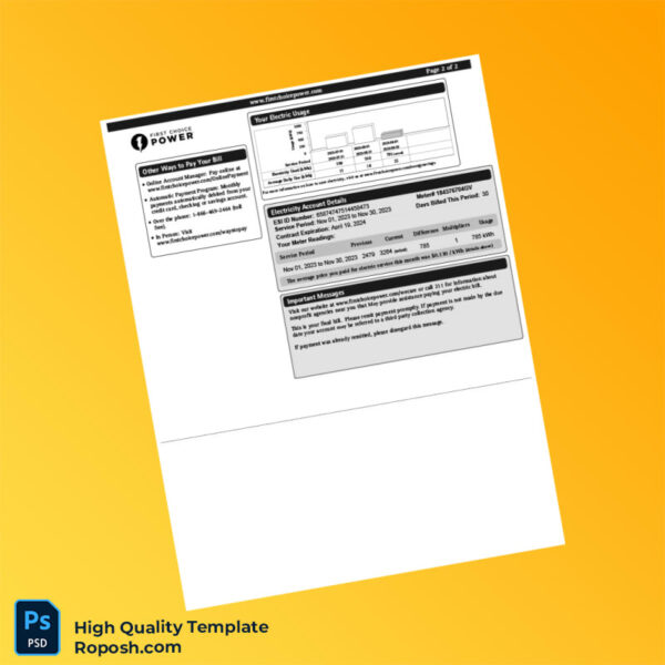 USA First Choice Power Editable Electricity Bill Template in Word and PDF formats 2 page