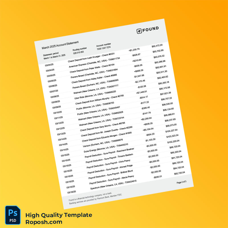 USA Found Bank Statement Template in Word and PDF formats 3 page USA Found Bank Statement Template in Word and PDF formats 3 page