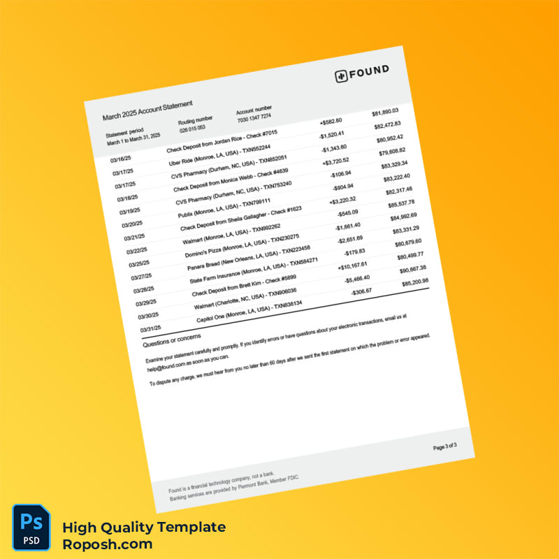 USA Found Bank Statement Template in Word and PDF formats 3 page USA Found Bank Statement Template in Word and PDF formats 3 page