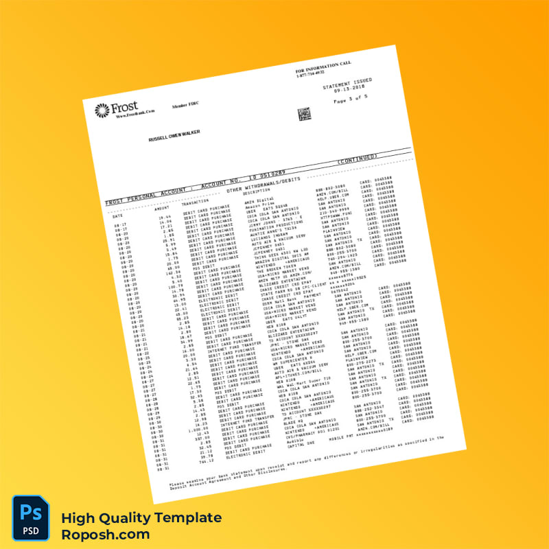 USA Frost Bank Statement Template in Word and PDF formats 6 page USA Frost Bank Statement Template in Word and PDF formats 6 page