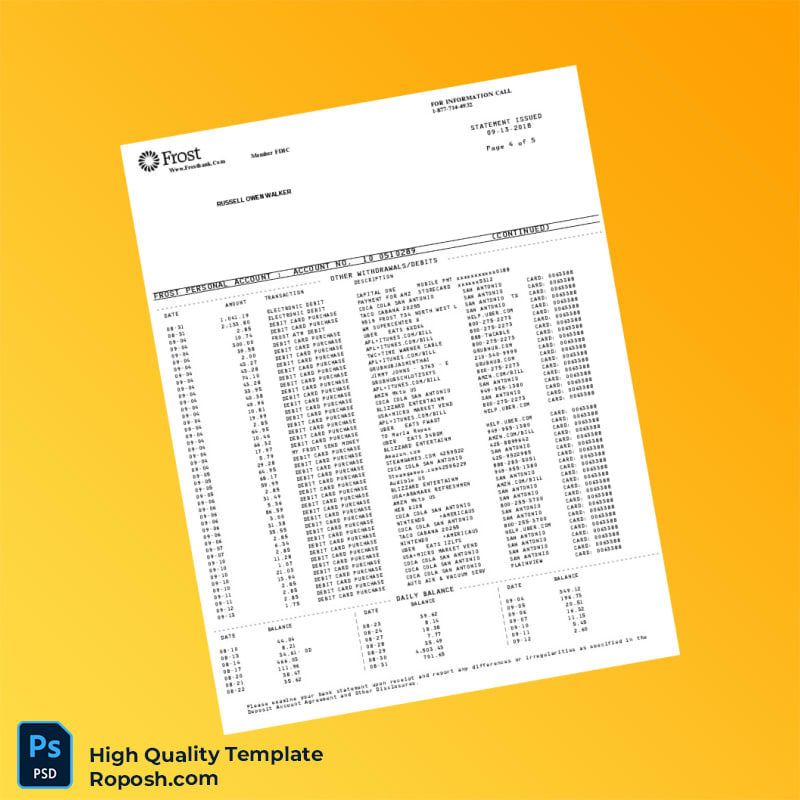 USA Frost Bank Statement Template in Word and PDF formats 6 page USA Frost Bank Statement Template in Word and PDF formats 6 page