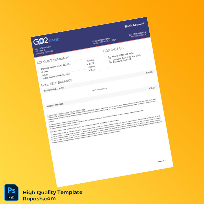 USA Go2bank Bank Statement Template in Word and PDF formats USA Go2bank Bank Statement Template in Word and PDF formats
