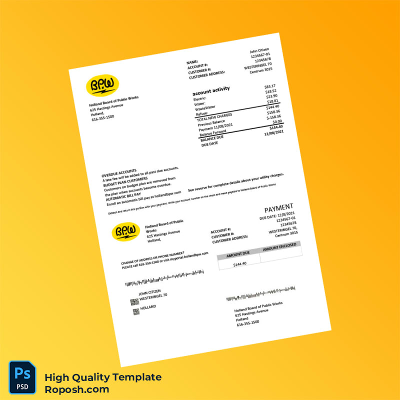 USA Holland Board of Public Works Editable Utility Bill Template in Word and PDF formats USA Holland Board of Public Works Editable Utility Bill Template in Word and PDF formats