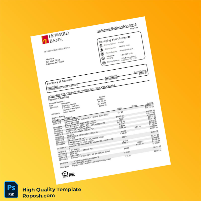 USA Howard Bank Statement Template in Word and PDF formats USA Howard Bank Statement Template in Word and PDF formats