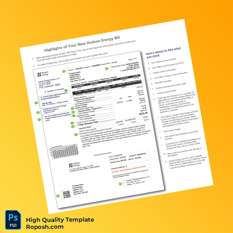 USA Hudson Energy Services LLC Editable Utility Bill Template in Word and PDF formats USA Hudson Energy Services LLC Editable Utility Bill Template in Word and PDF formats
