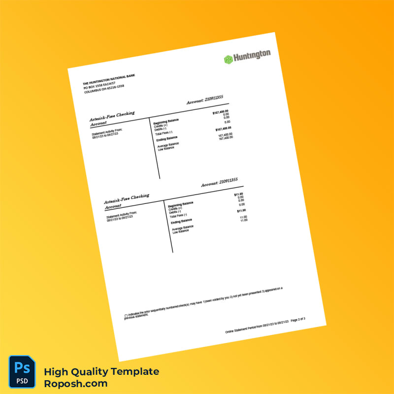USA Huntington Bank Statement Template in Word and PDF formats 3 page USA Huntington Bank Statement Template in Word and PDF formats 3 page