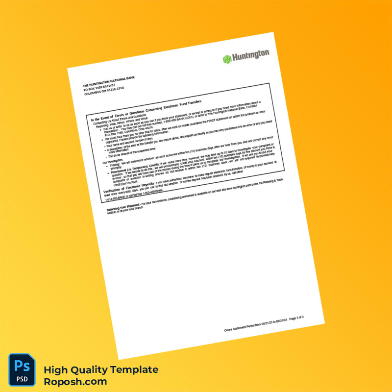 USA Huntington Bank Statement Template in Word and PDF formats 3 page USA Huntington Bank Statement Template in Word and PDF formats 3 page