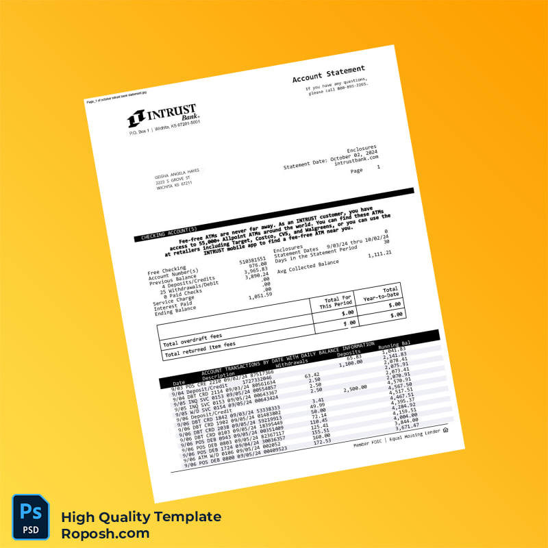 USA INTRUST Bank Statement Template in Word and PDF formats 4 page USA INTRUST Bank Statement Template in Word and PDF formats 4 page