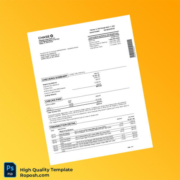 USA JPMorgan Chase Bank Statement Template in Word and PDF formats 4 page