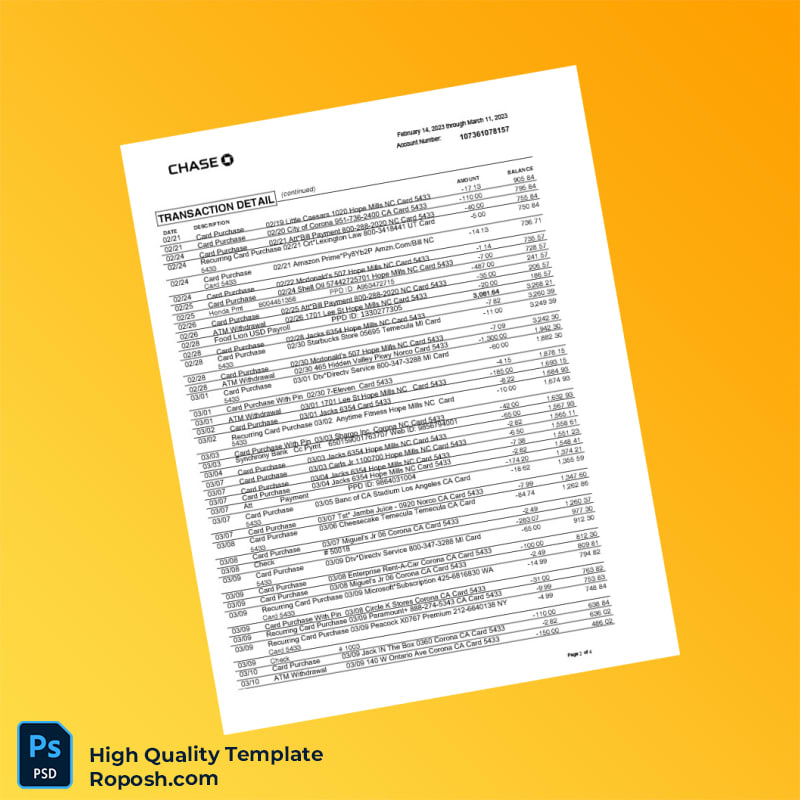 USA JPMorgan Chase Bank Statement Template in Word and PDF formats 4 page USA JPMorgan Chase Bank Statement Template in Word and PDF formats 4 page