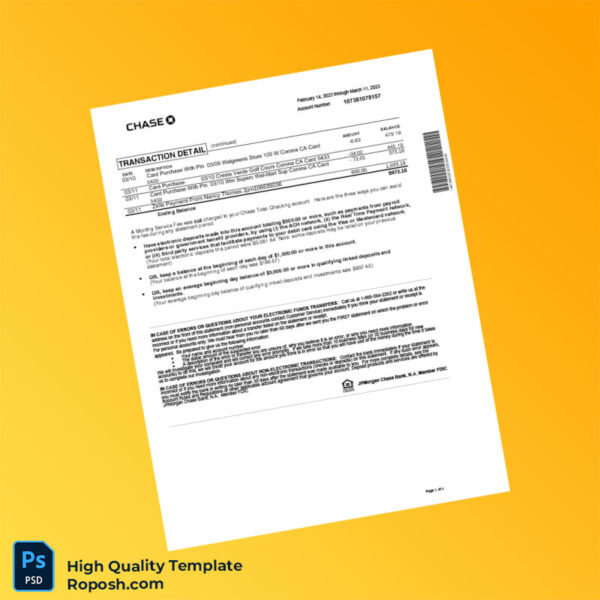 USA JPMorgan Chase Bank Statement Template in Word and PDF formats 4 page