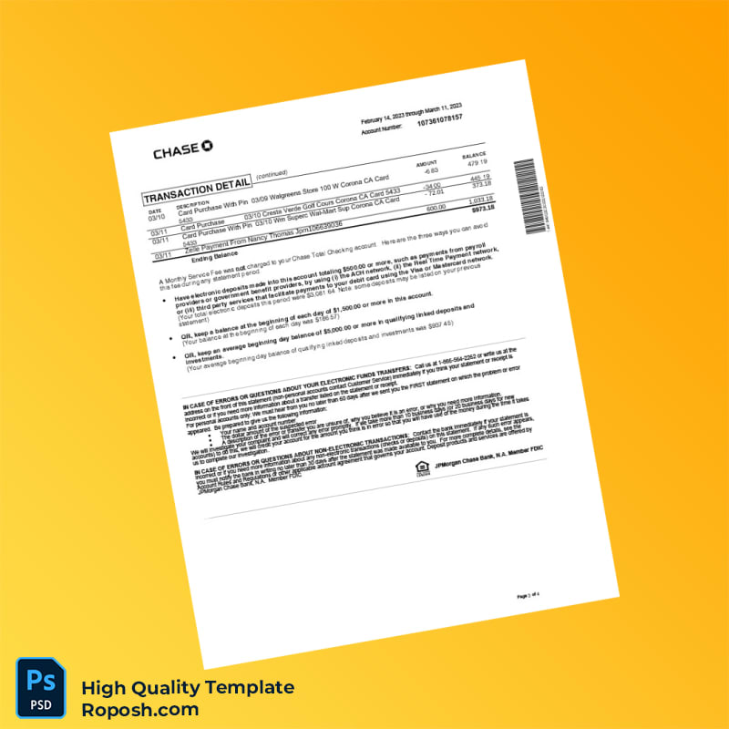 USA JPMorgan Chase Bank Statement Template in Word and PDF formats 4 page USA JPMorgan Chase Bank Statement Template in Word and PDF formats 4 page