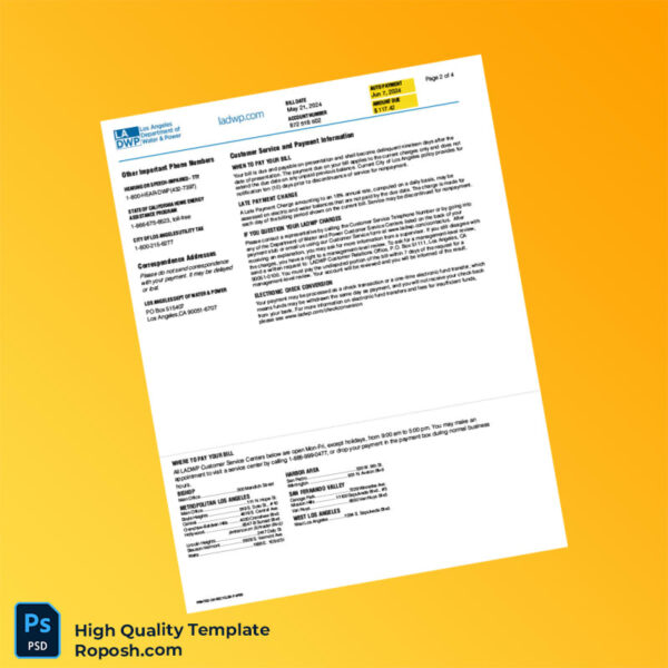 USA Los Angeles Department of Water and Power Editable Bill Template in Word and PDF formats 4 page