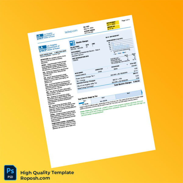 USA Los Angeles Department of Water and Power Editable Bill Template in Word and PDF formats 4 page