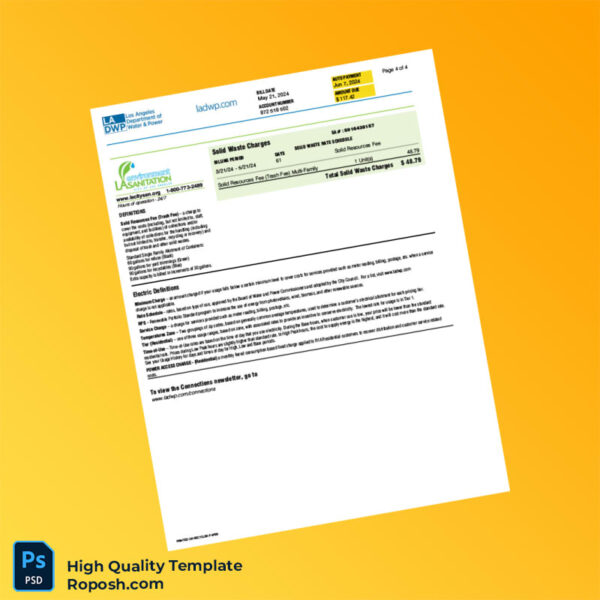 USA Los Angeles Department of Water and Power Editable Bill Template in Word and PDF formats 4 page
