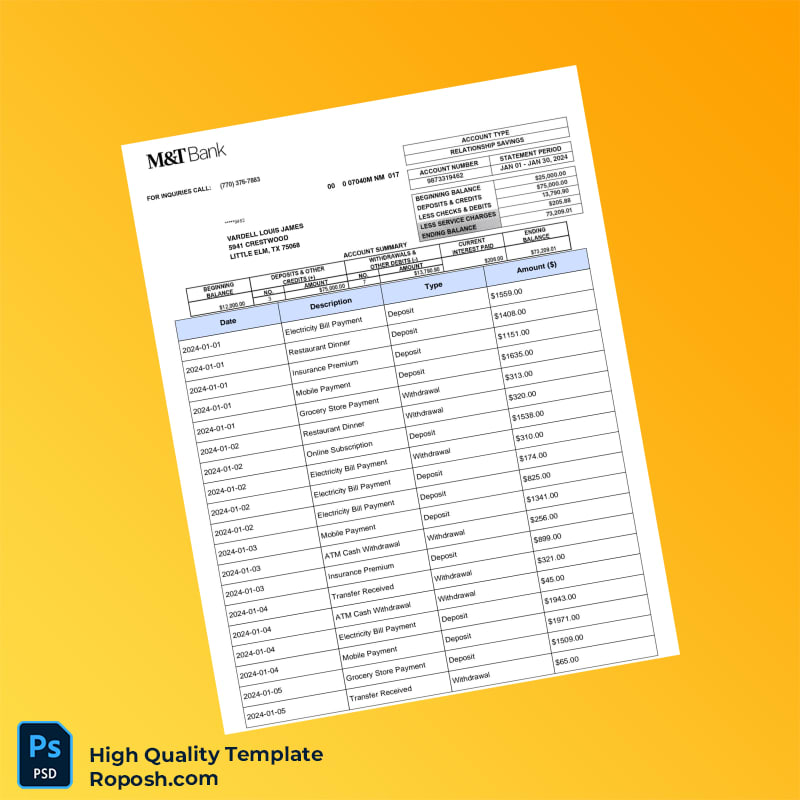 USA M T Bank Statement Template in Word and PDF formats 7 page USA M T Bank Statement Template in Word and PDF formats 7 page