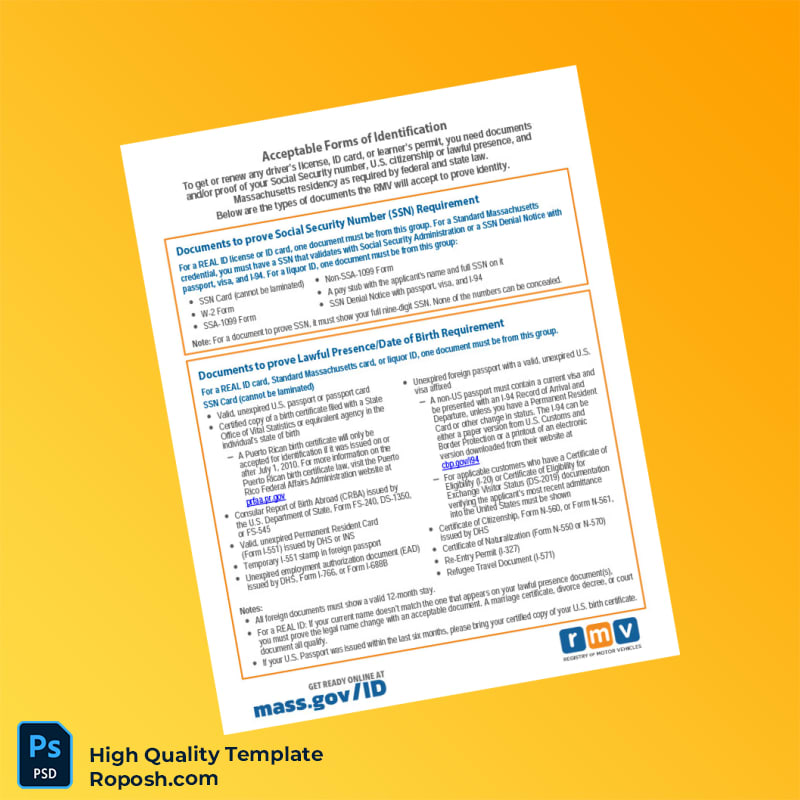 USA Massachusetts Registry of Motor Vehicles Editable Identity Document Template in Word and PDF formats 2 page USA Massachusetts Registry of Motor Vehicles Editable Identity Document Template in Word and PDF formats 2 page