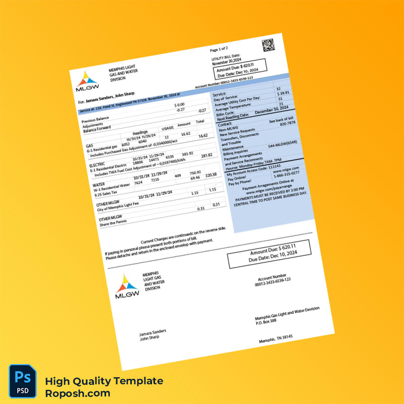 USA Memphis Light Gas and Water Editable Electric Bill Template in Word and PDF formats USA Memphis Light Gas and Water Editable Electric Bill Template in Word and PDF formats