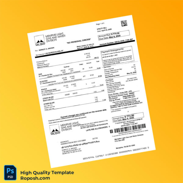 USA Memphis Light Gas and Water Editable Utility Bill Template in Word and PDF formats