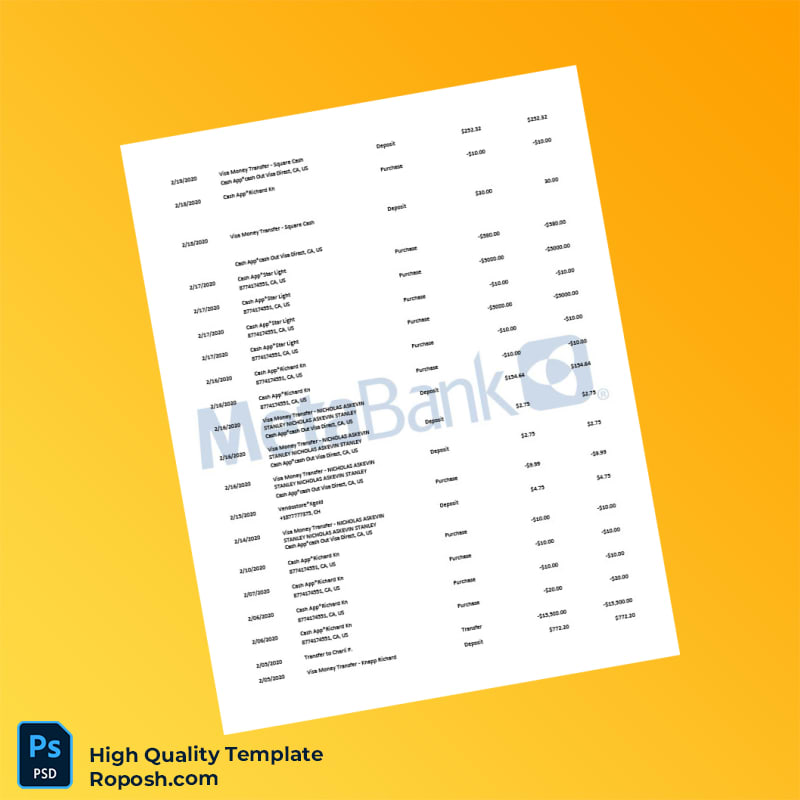USA Metabank Checking Account Statement Template in Word and PDF formats 4 page USA Metabank Checking Account Statement Template in Word and PDF formats 4 page