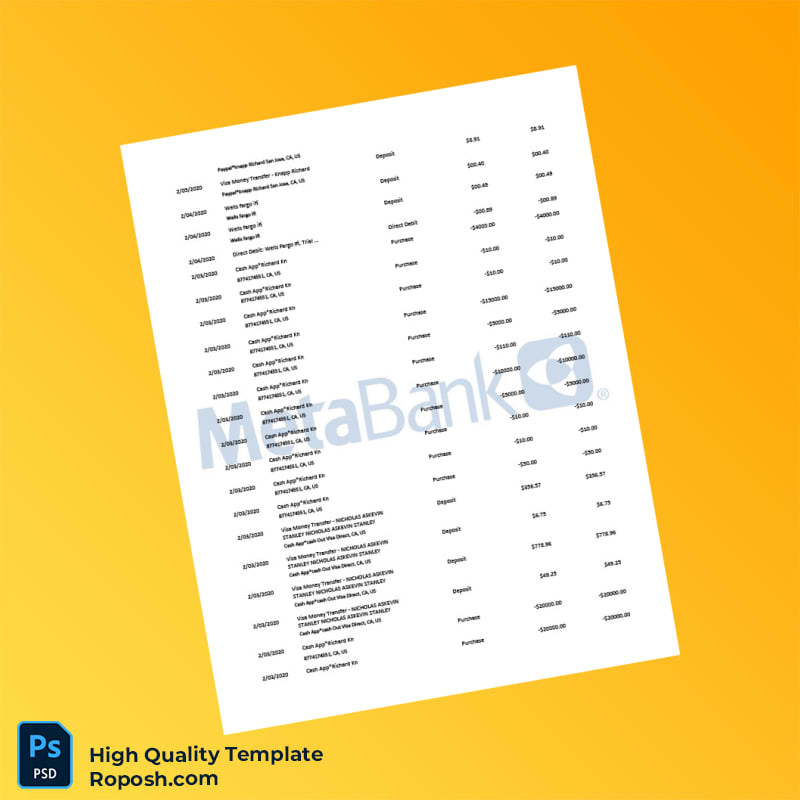 USA Metabank Checking Account Statement Template in Word and PDF formats 4 page USA Metabank Checking Account Statement Template in Word and PDF formats 4 page