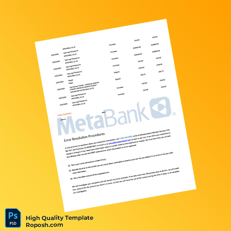 USA Metabank Checking Account Statement Template in Word and PDF formats 4 page USA Metabank Checking Account Statement Template in Word and PDF formats 4 page