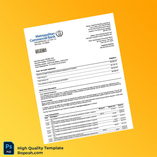 USA Metropolitan Commercial Bank Statement Template in Word and PDF formats 2 page
