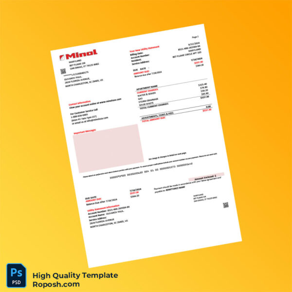 USA Minol USA Editable Utility Bill Template in Word and PDF formats