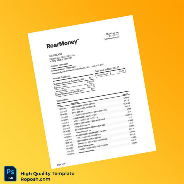 USA MoneyLion Account Statement Template in Word and PDF formats 2 page