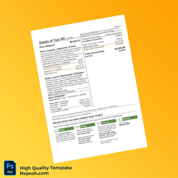 USA NYC Department of Environmental Protection Editable Water Bill Template in Word and PDF formats 2 page