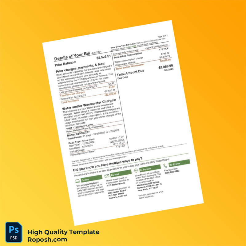 USA NYC Department of Environmental Protection Editable Water Bill Template in Word and PDF formats 2 page USA NYC Department of Environmental Protection Editable Water Bill Template in Word and PDF formats 2 page