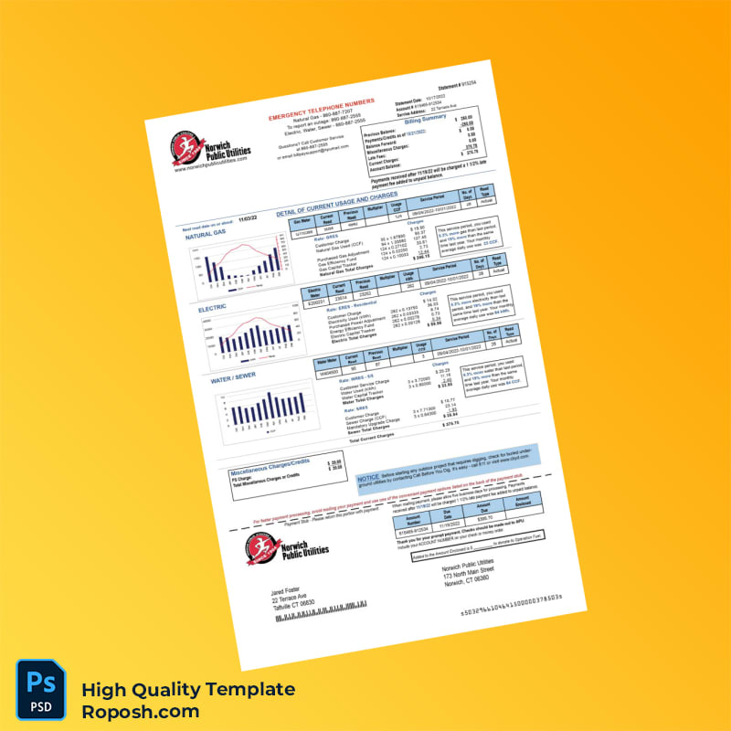 USA Norwich Public Utilities Editable Utility Bill Template in Word and PDF formats USA Norwich Public Utilities Editable Utility Bill Template in Word and PDF formats