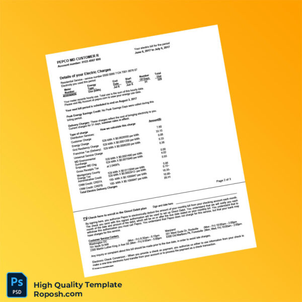 USA PEPCO Editable Electricity Bill Template in Word and PDF formats 3 page