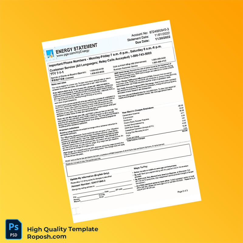 USA PG E Editable Utility Energy Bill Template in Word and PDF formats 3 page USA PG E Editable Utility Energy Bill Template in Word and PDF formats 3 page
