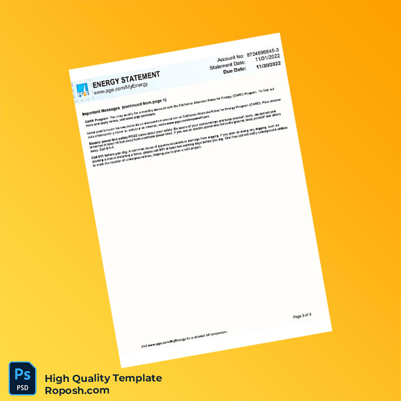 USA PG E Editable Utility Energy Bill Template in Word and PDF formats 3 page USA PG E Editable Utility Energy Bill Template in Word and PDF formats 3 page