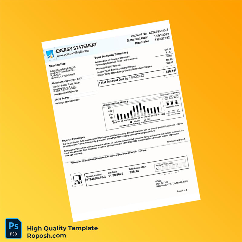 USA PG E Editable Utility Energy Bill Template in Word and PDF formats 3 page USA PG E Editable Utility Energy Bill Template in Word and PDF formats 3 page