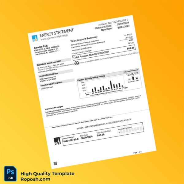 USA Pacific Gas And Electric Company Editable Energy Statement Template in Word and PDF formats 3 page
