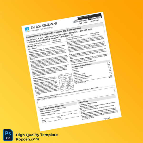 USA Pacific Gas And Electric Company Editable Energy Statement Template in Word and PDF formats 3 page