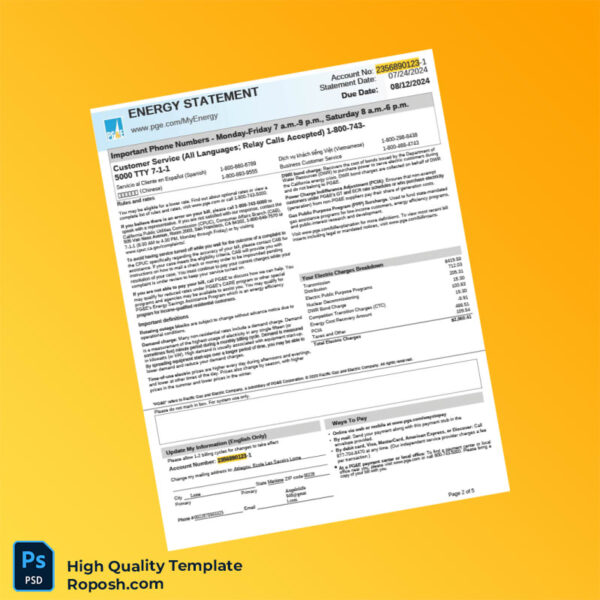 USA Pacific Gas And Electric Company Editable Utility Bill Template in Word and PDF formats 5 page