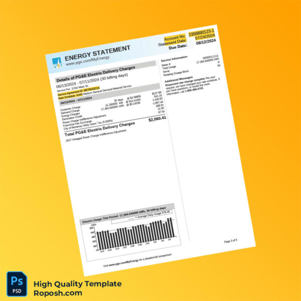 USA Pacific Gas And Electric Company Editable Utility Bill Template in Word and PDF formats 5 page