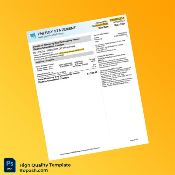 USA Pacific Gas And Electric Company Editable Utility Bill Template in Word and PDF formats 5 page