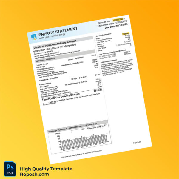 USA Pacific Gas And Electric Company Editable Utility Bill Template in Word and PDF formats 5 page